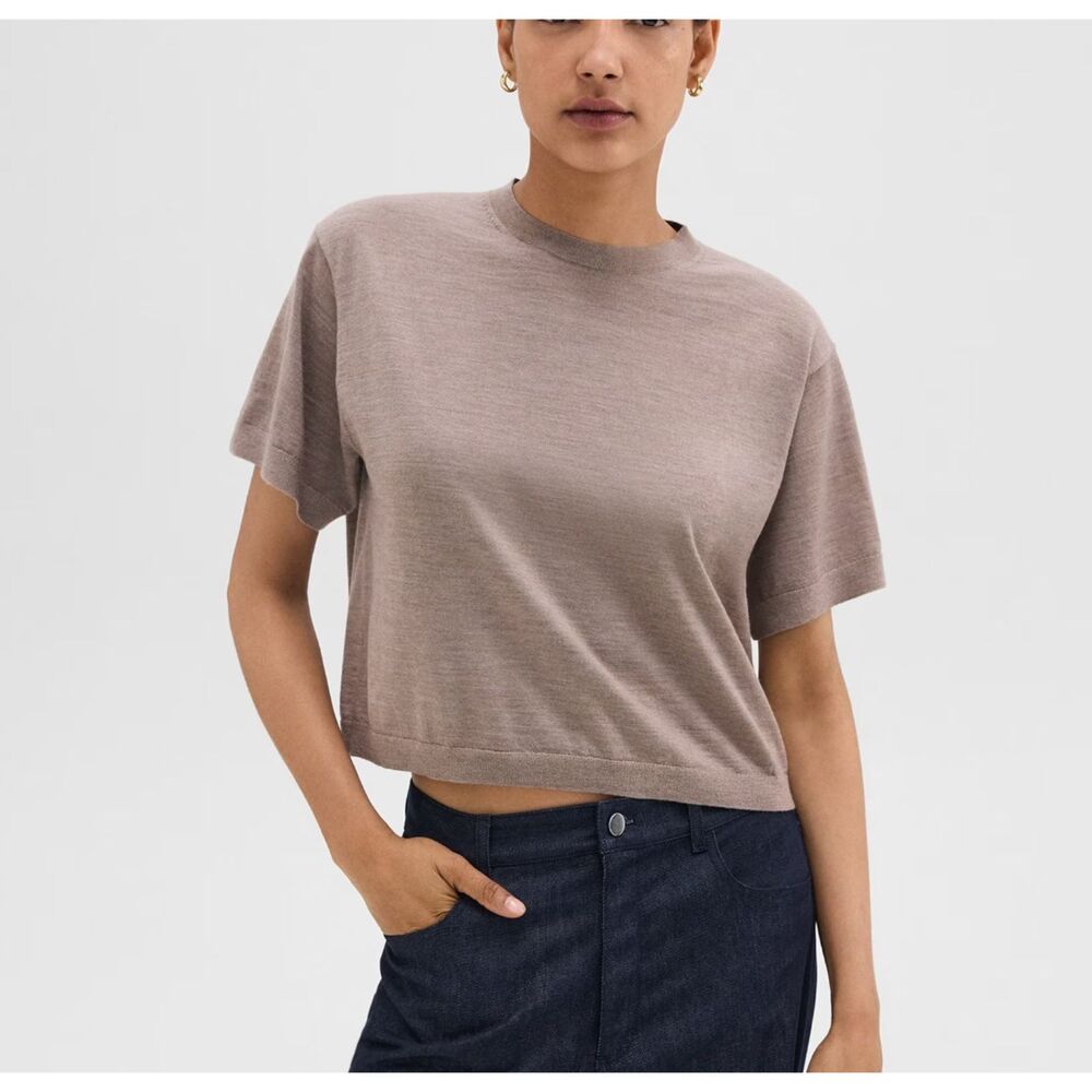 THEORY Boxy‎ Knit Tee Regal Wool Light Cinder Brown Large